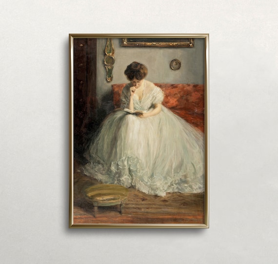 Woman Reading Book In White Dress Vintage Oil Painting Portrait Poster