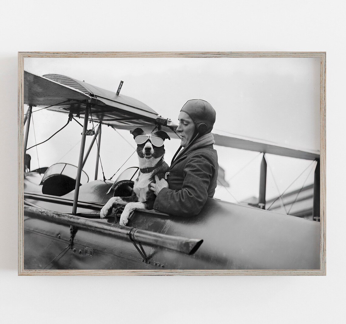 Woman Pilot and Dog, Vintage Black and White Poster