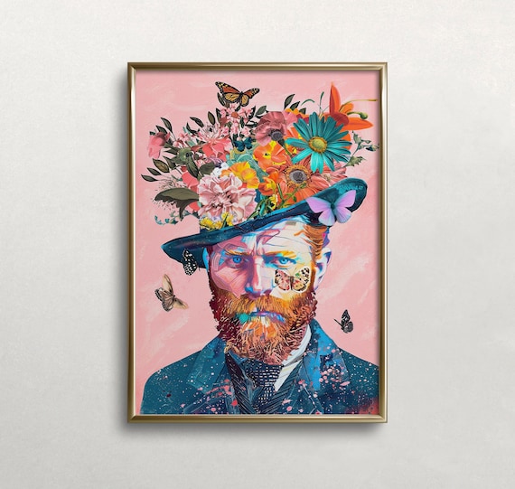 Van Gogh Portrait Flowers On Hat Colorful Wall Art Collage Art Altered Art Pink Wall Art Wall Art