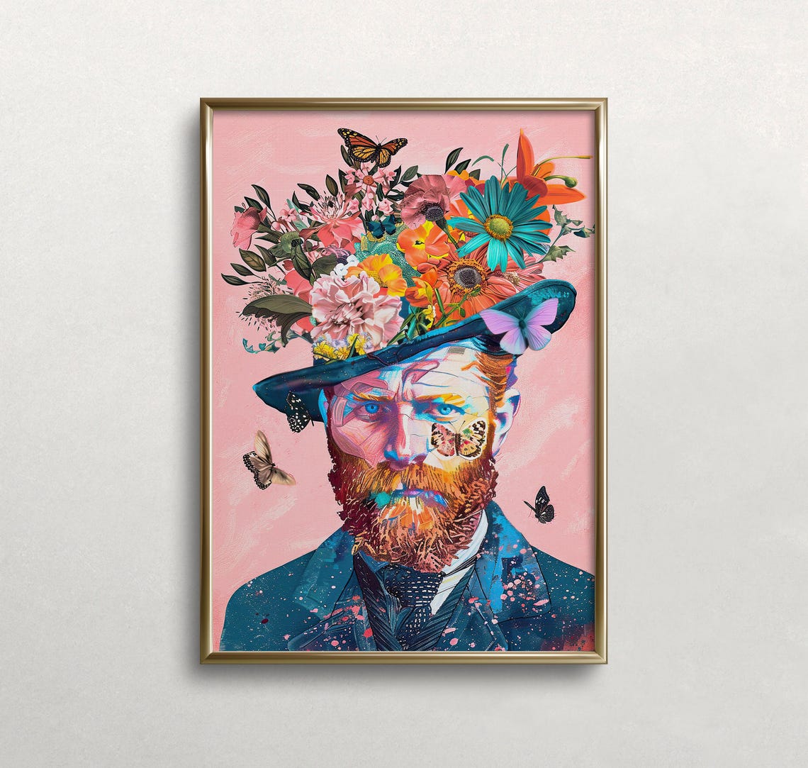Van Gogh Style Flower Hat Portrait Colorful Butterfly Collage Poster