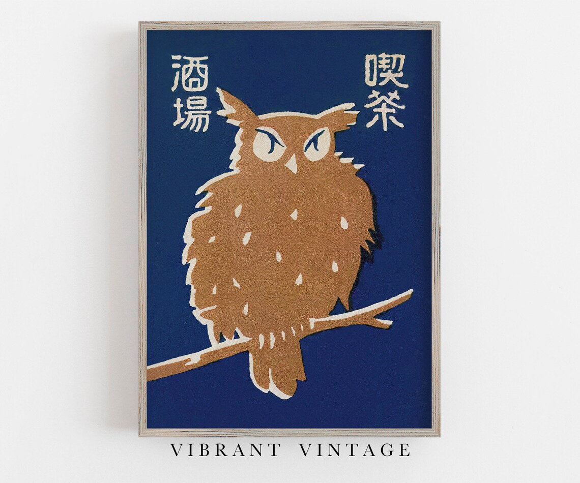 Retro Vintage Japanese Owl Matchbox Label Blue Asian Wall Art - Image 4