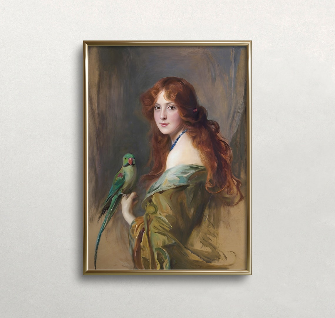 Red Haired Woman With Green Parrot Antique Oil Portrait Wall Poster