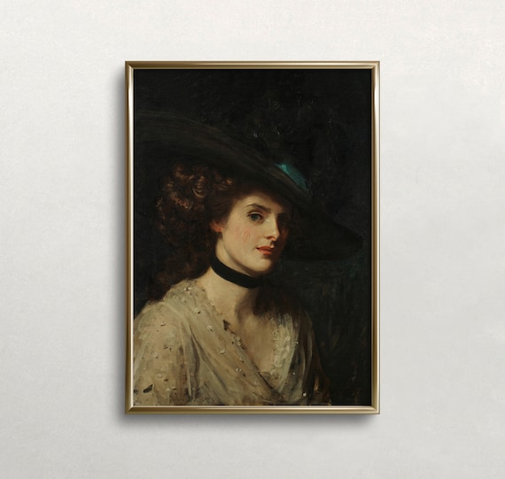 Auburn Hair Woman Black Hat Choker Dark Moody Victorian Portrait Print