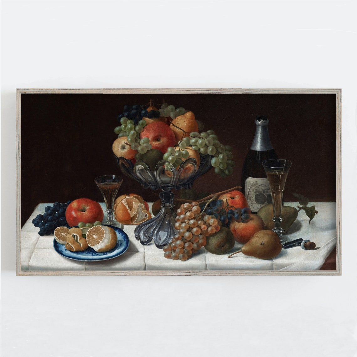 Fruit Champagne Still Life Dark Baroque Style Kitchen Scene Print