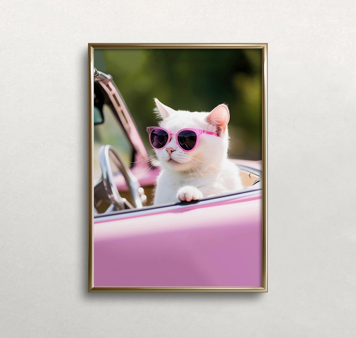 Cat Driving Pink Car Cat Art, Preppy Aesthetic