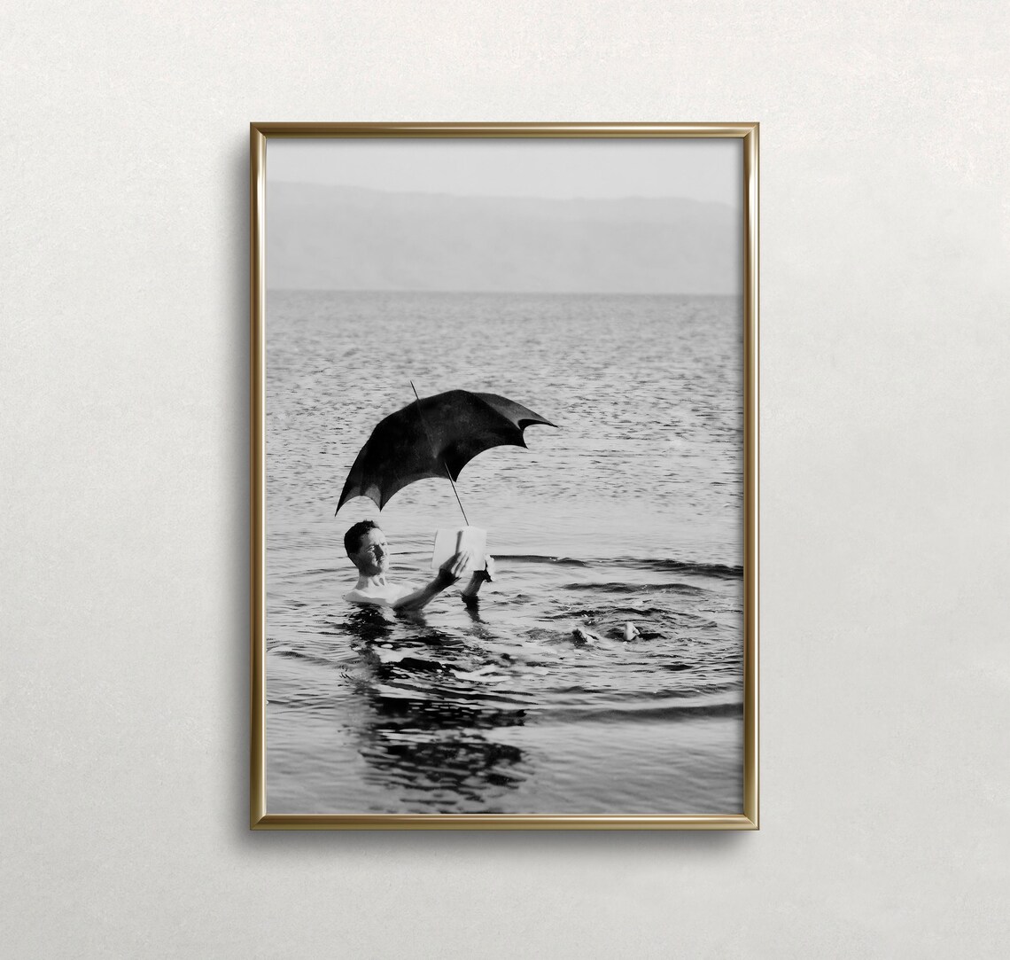 Reading in the Dead Sea Vintage Black and White Photo Poster - Image 3