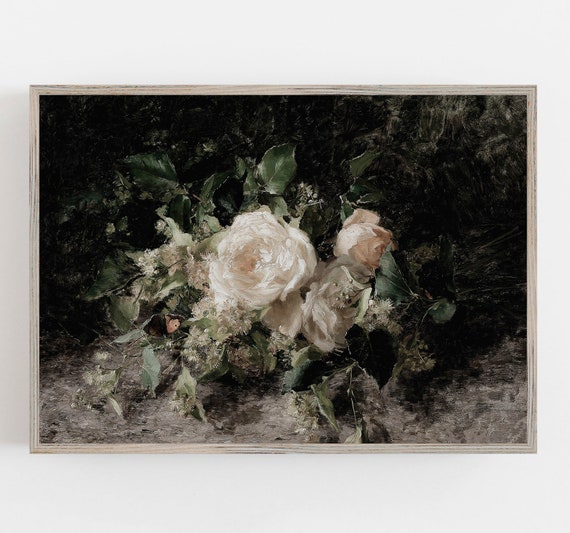 White Roses Vintage Floral Art Print, Muted Style