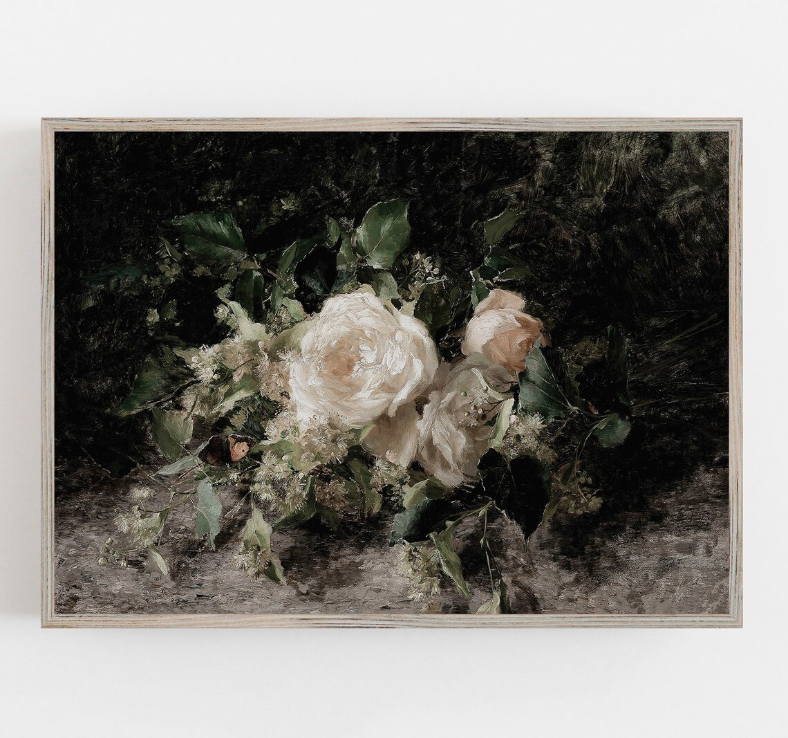 White Roses Vintage Floral Art Print, Muted Style