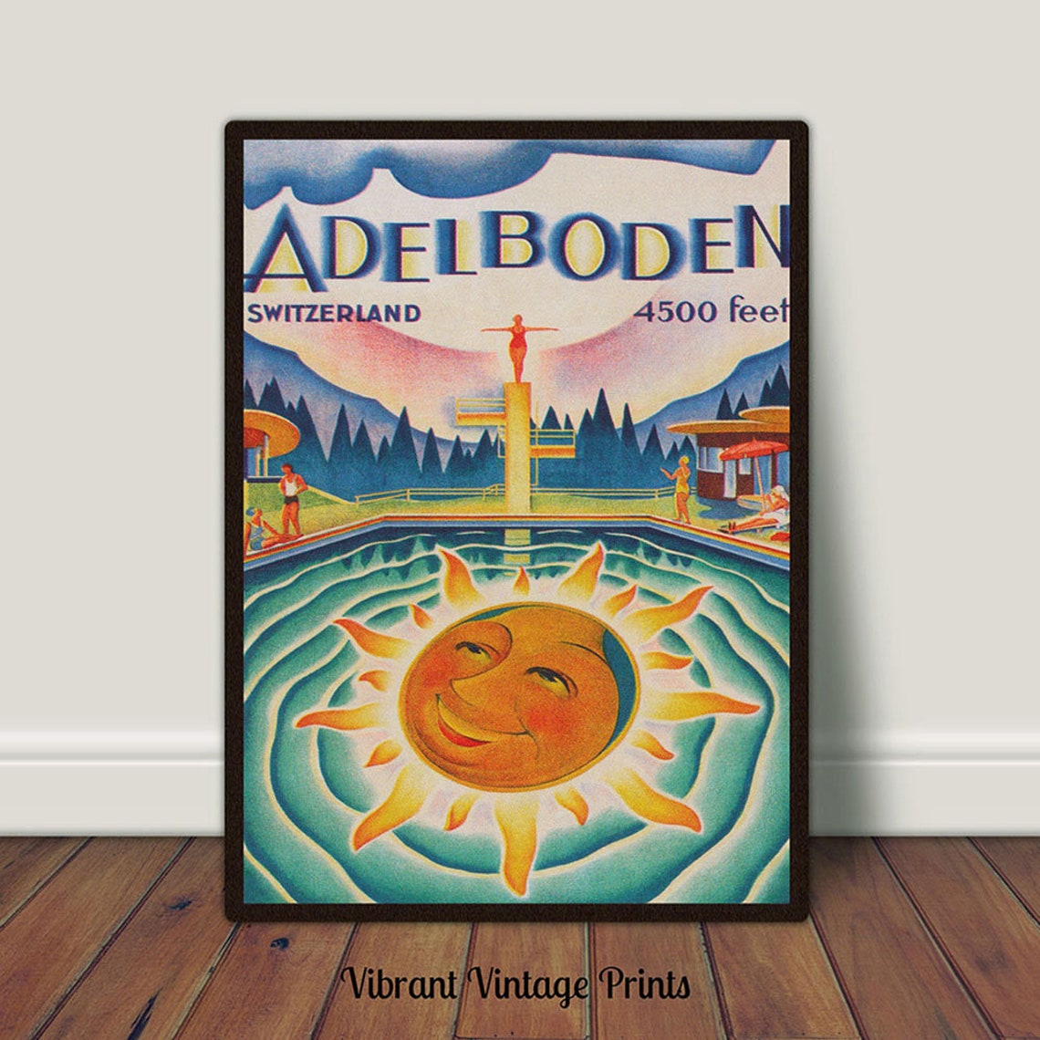 Adelboden Switzerland Vintage Alpine Pool Diving Tower Sun Face Poster