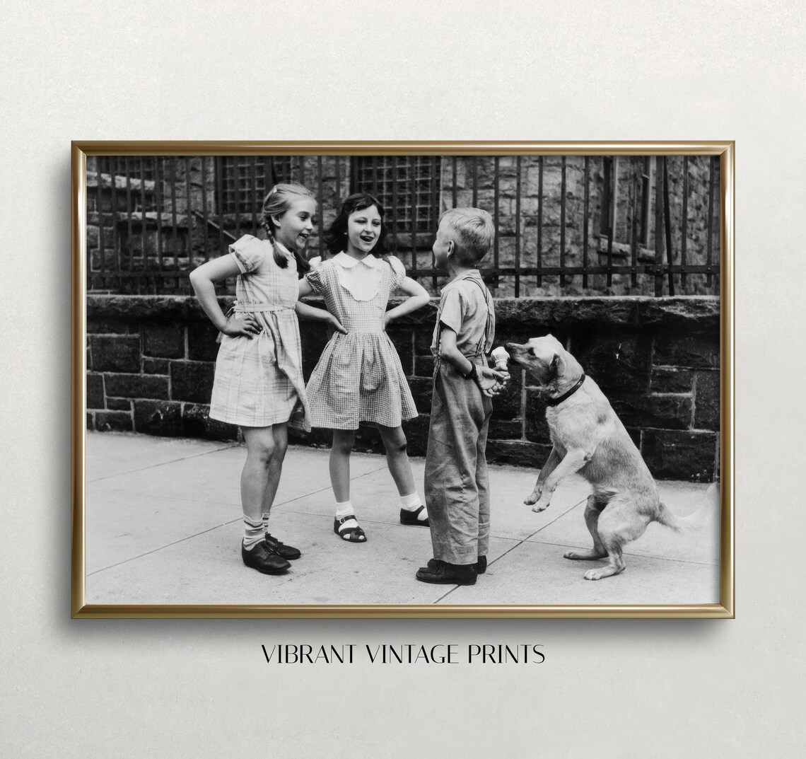 Vintage Black And White Funny Dog Licking Ice Cream Print