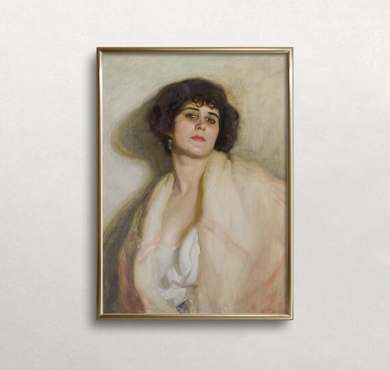 Woman Portrait with Dark Curls and White Shawl Muted Vintage Painting Poster