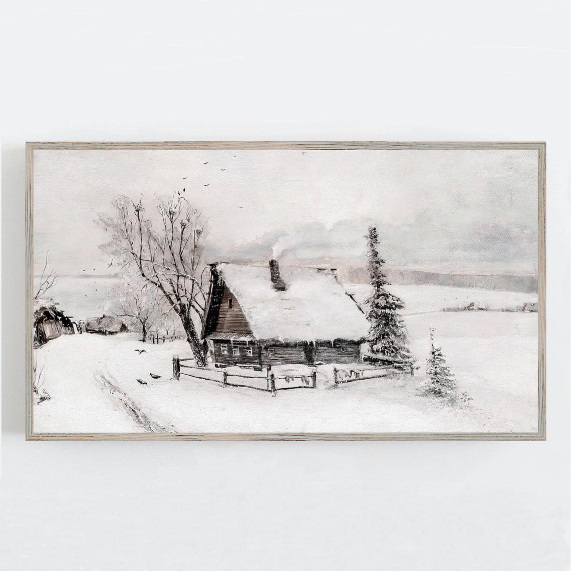 Winter Snowy Log Cabin Falling Snow Peaceful Landscape Wall Art
