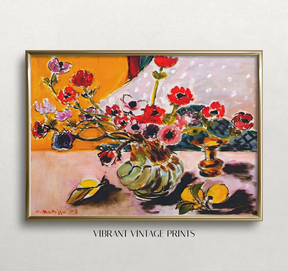 Matisse-Inspired Anemones in Vase, Vintage Art Print