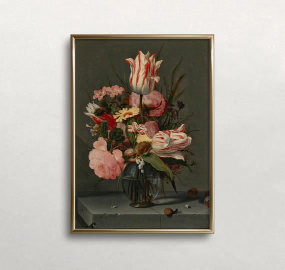 Flowers In Glass Vase Vintage Wall Art Dark Moody Colors Antique Wall Decor Flowers Wall Art Wall Art 565