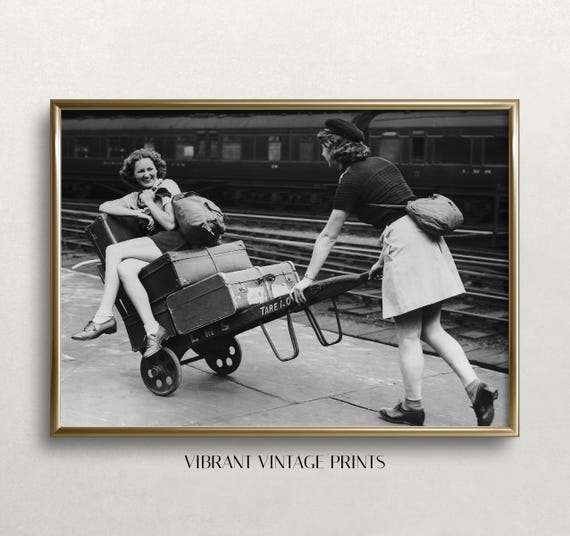 Luggage Cart Black And White Art Vintage Wall Art Women Friends Women Art Train Station Old Photo Wall Art