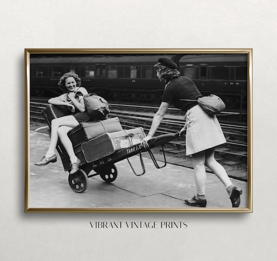 Vintage Black And White Photo Woman Pushing Luggage Cart Station Poster