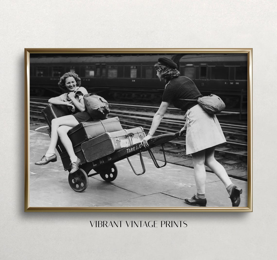 Luggage Cart Black And White Art Vintage Wall Art Women Friends Women Art Train Station Old Photo Wall Art