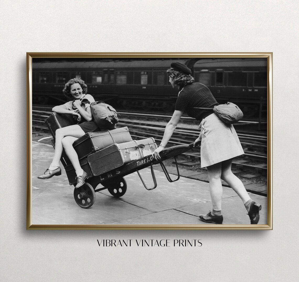 Vintage Black And White Photo Woman Pushing Luggage Cart Station Poster