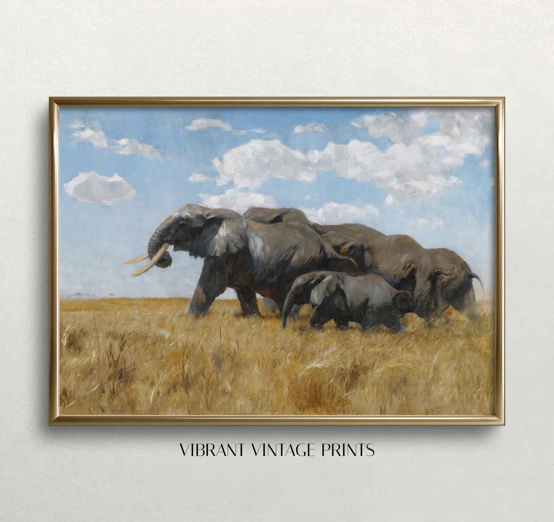 African Elephant Herd Golden Savanna Vintage Wildlife Painting Poster