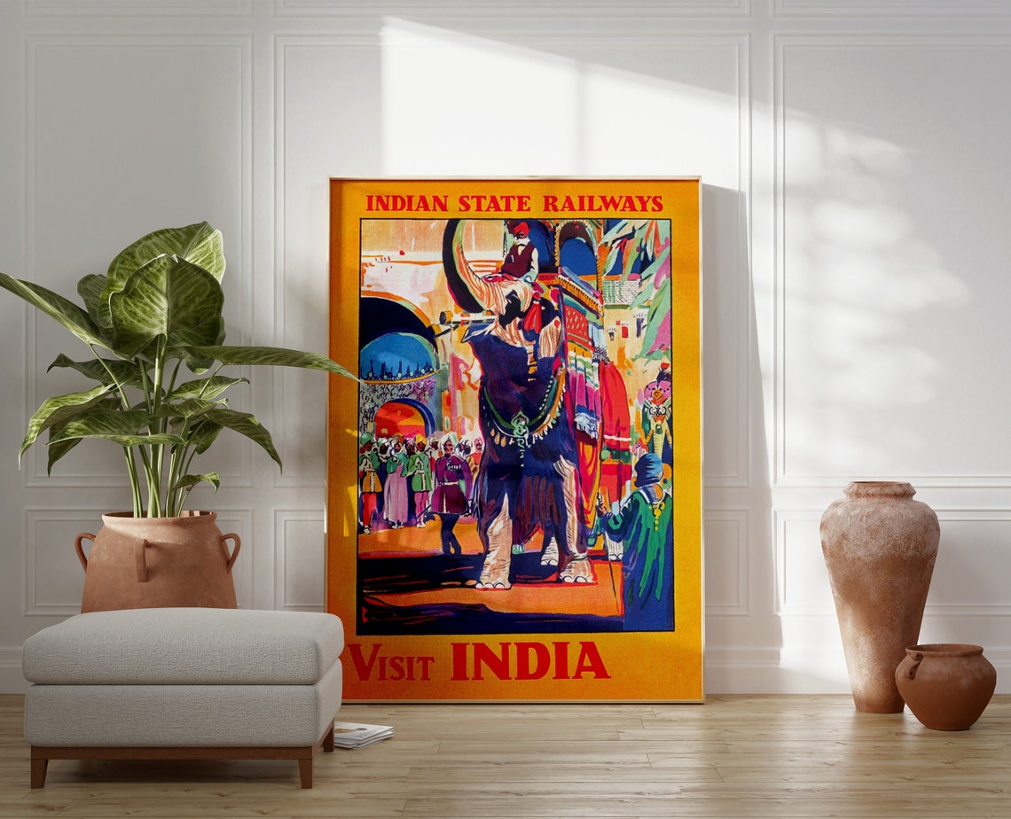 Visit India Indian State Railways Elephant Vintage Travel Poster