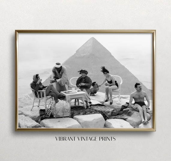 Picnic At Pyramid Black And White Vintage Art Print