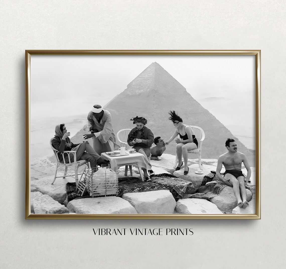 Picnic At Pyramid Black And White Vintage Art Print