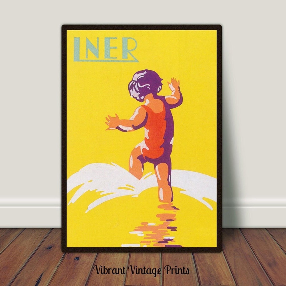 Vintage Child Beach Art Deco Boy Running Into Ocean Waves Poster