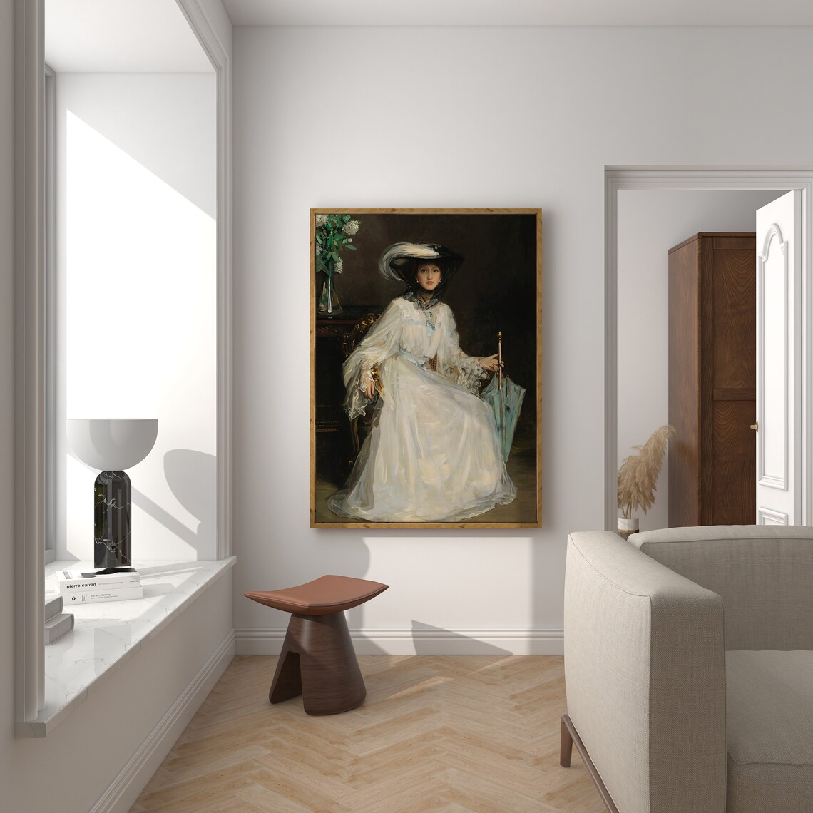 Elegant Lady in White Gown and Hat with Parasol Vintage Portrait Poster - Image 3