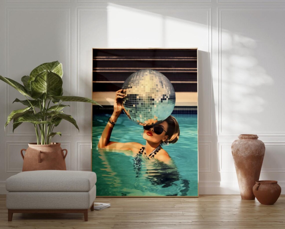 Woman Holding Disco Ball in Pool Retro Glam Summer Trendy Photo Poster - Image 4