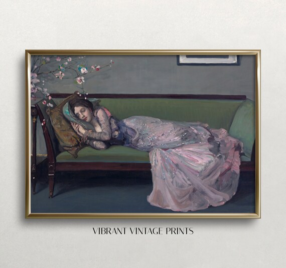 Sleeping Woman On Green Chaise Moody Vintage Figurative Wall Art Poster
