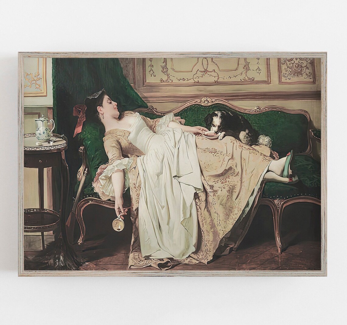 Woman and Dog Portrait, Vintage Neutral Wall Art Print