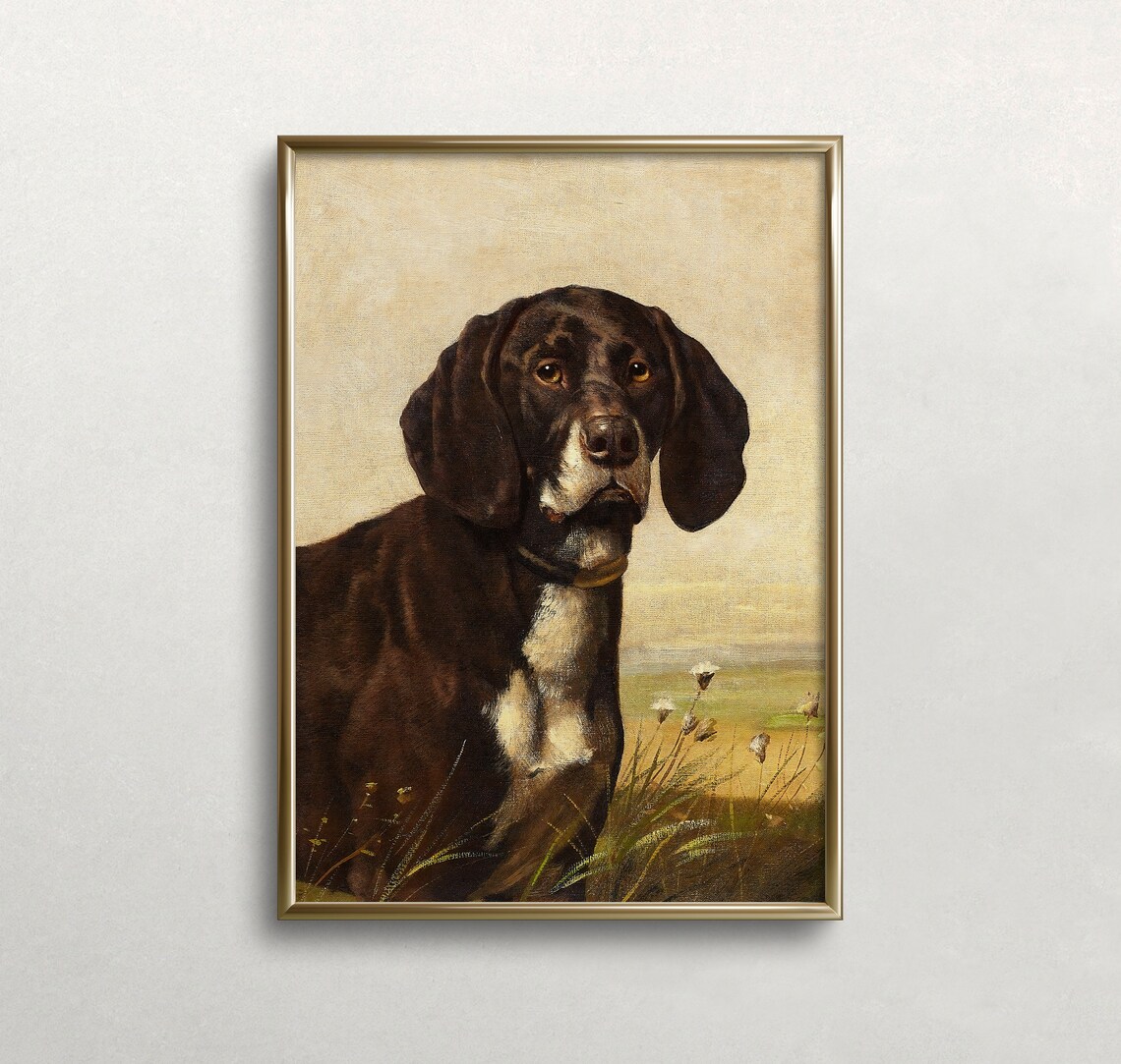 Chocolate Brown Dog Meadow Field Classical Oil Painting Art Print