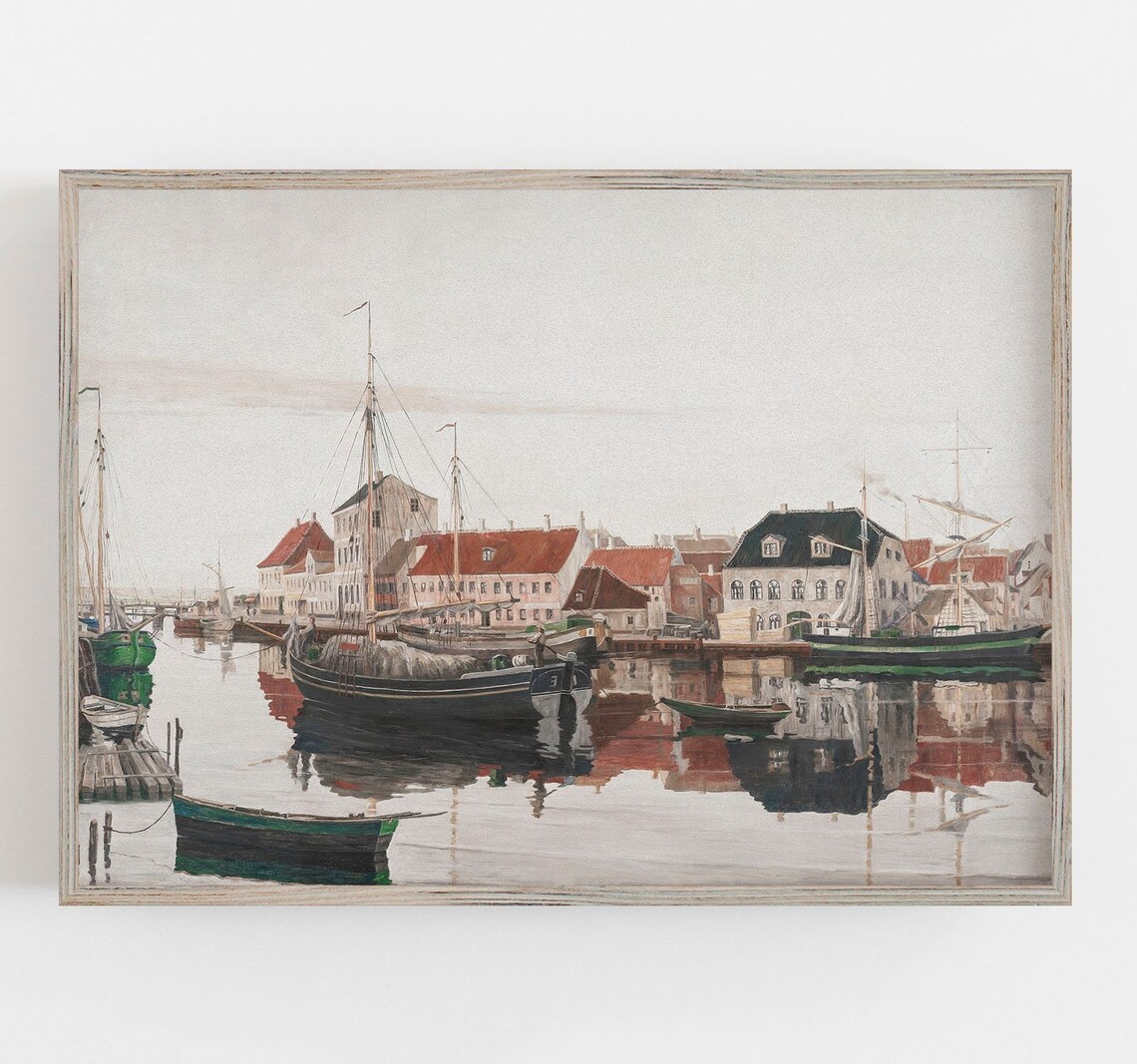 European Harbor Sailboats Red Roof Buildings Reflection Travel Poster