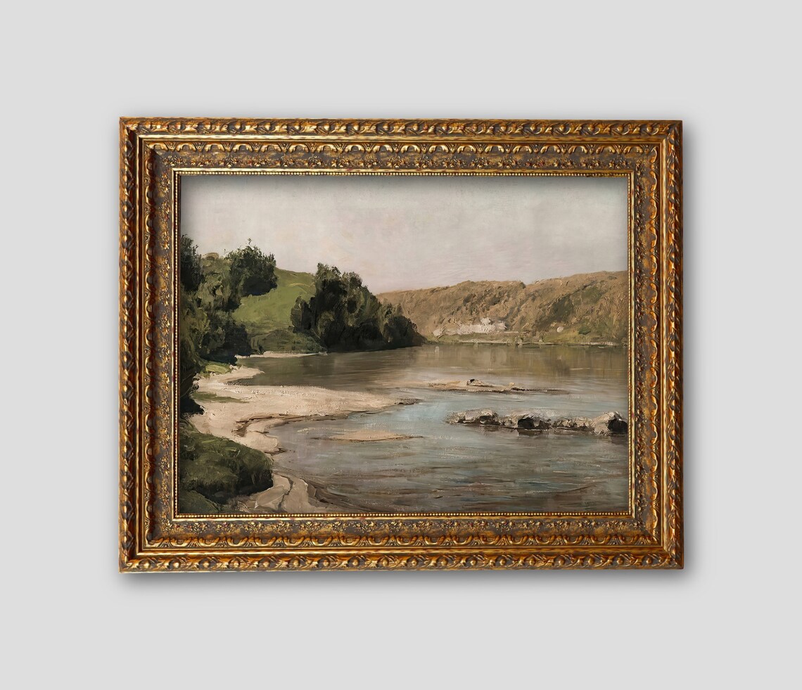 Vintage River Landscape, Muted Neutral Wall Art Print - Image 2