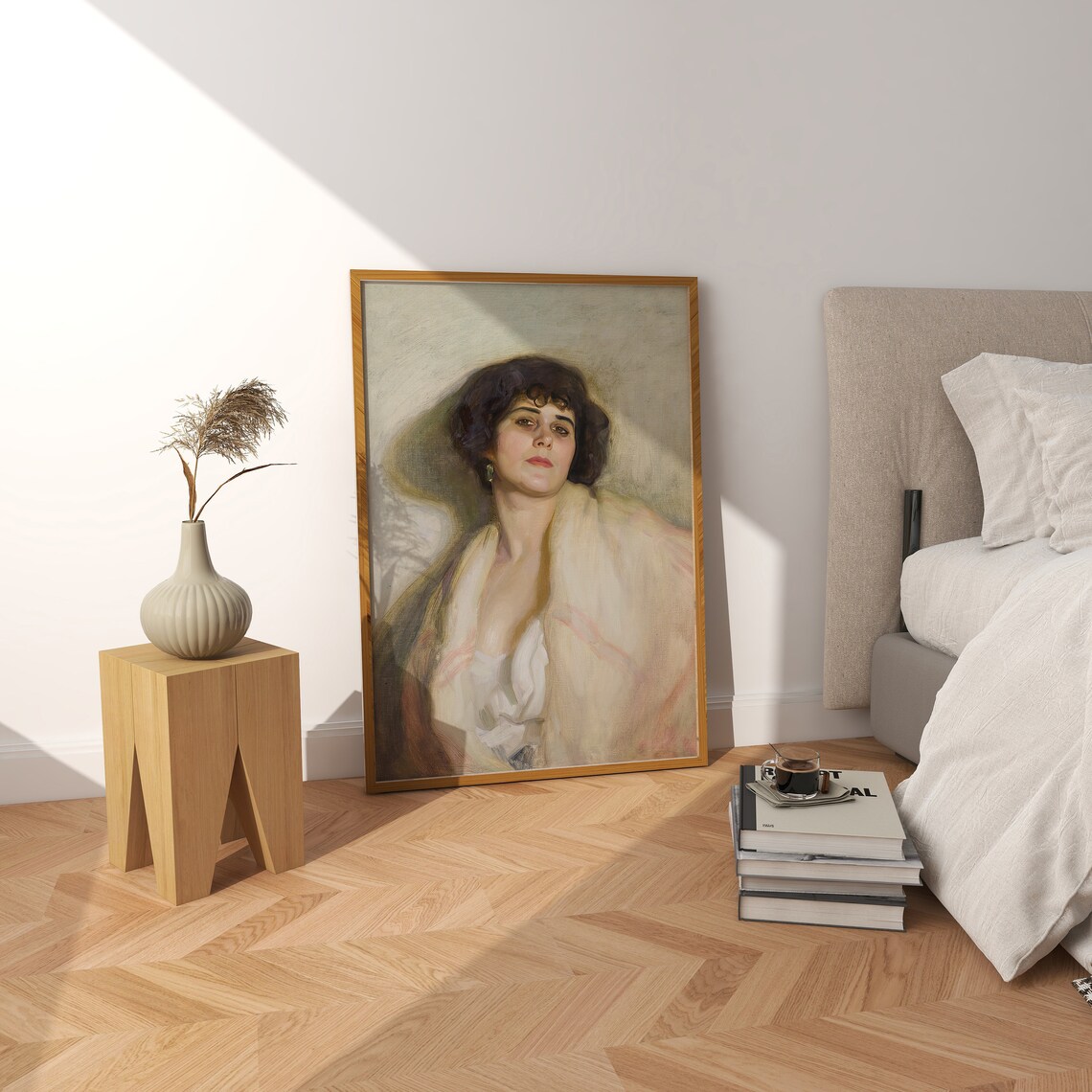 Woman Portrait with Dark Curls and White Shawl Muted Vintage Painting Poster - Image 3
