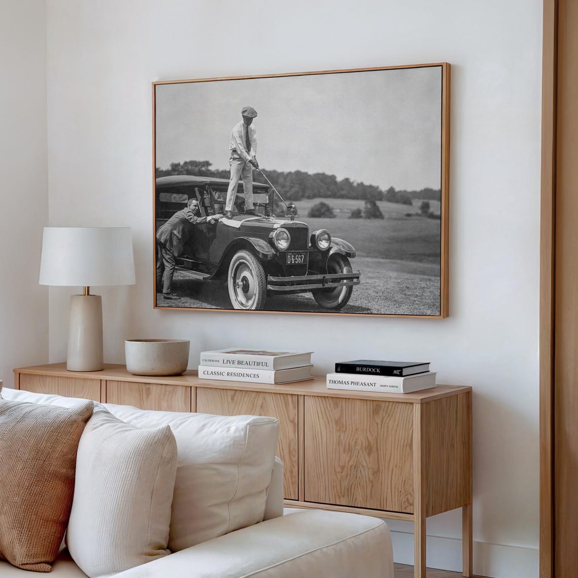 Vintage Golfer Teeing Off On Top Of Classic Car Funny Sports Print - Image 5