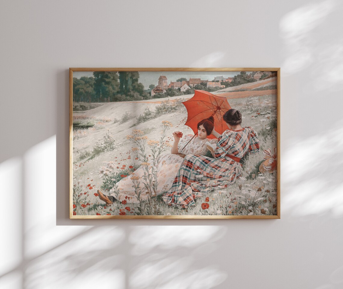 Two Women with Red Parasol in Wildflower Meadow Vintage Painting Poster - Image 4