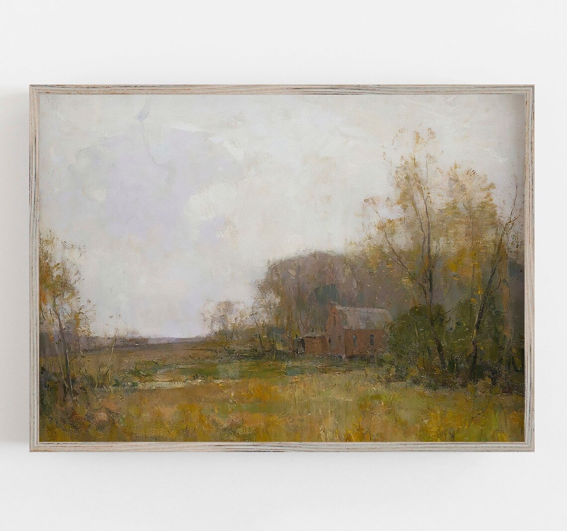 Muted Landscape Art Print, Vintage Old Barn
