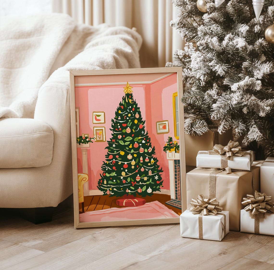 Pink Room Christmas Tree Decorated Modern Holiday Art Poster - Image 3