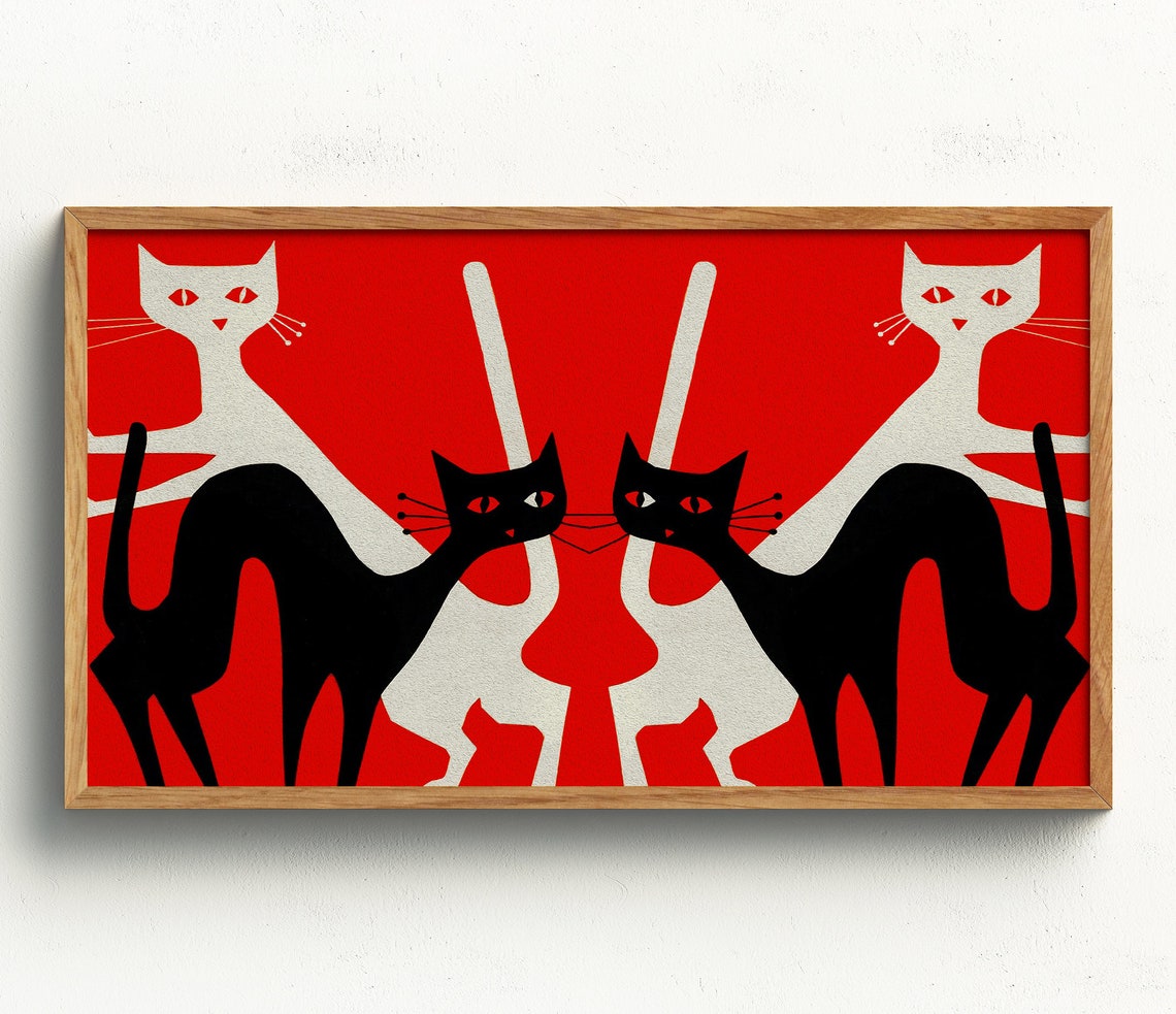 Mid Century Black and White Cats on Bold Red Background Retro Wall Art - Image 2