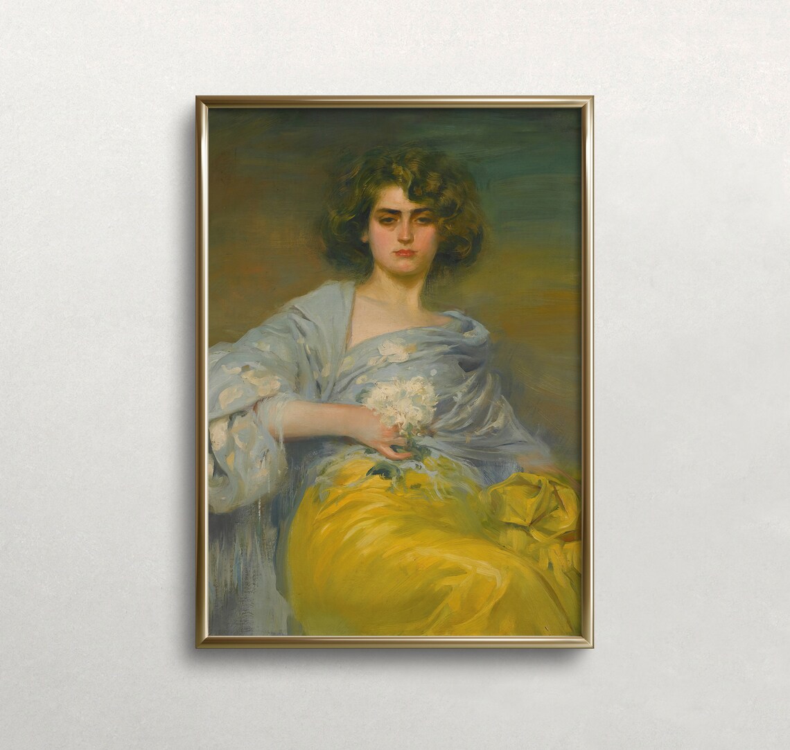 Moody Woman Portrait Blue Shawl Holding White Flowers Oil Poster