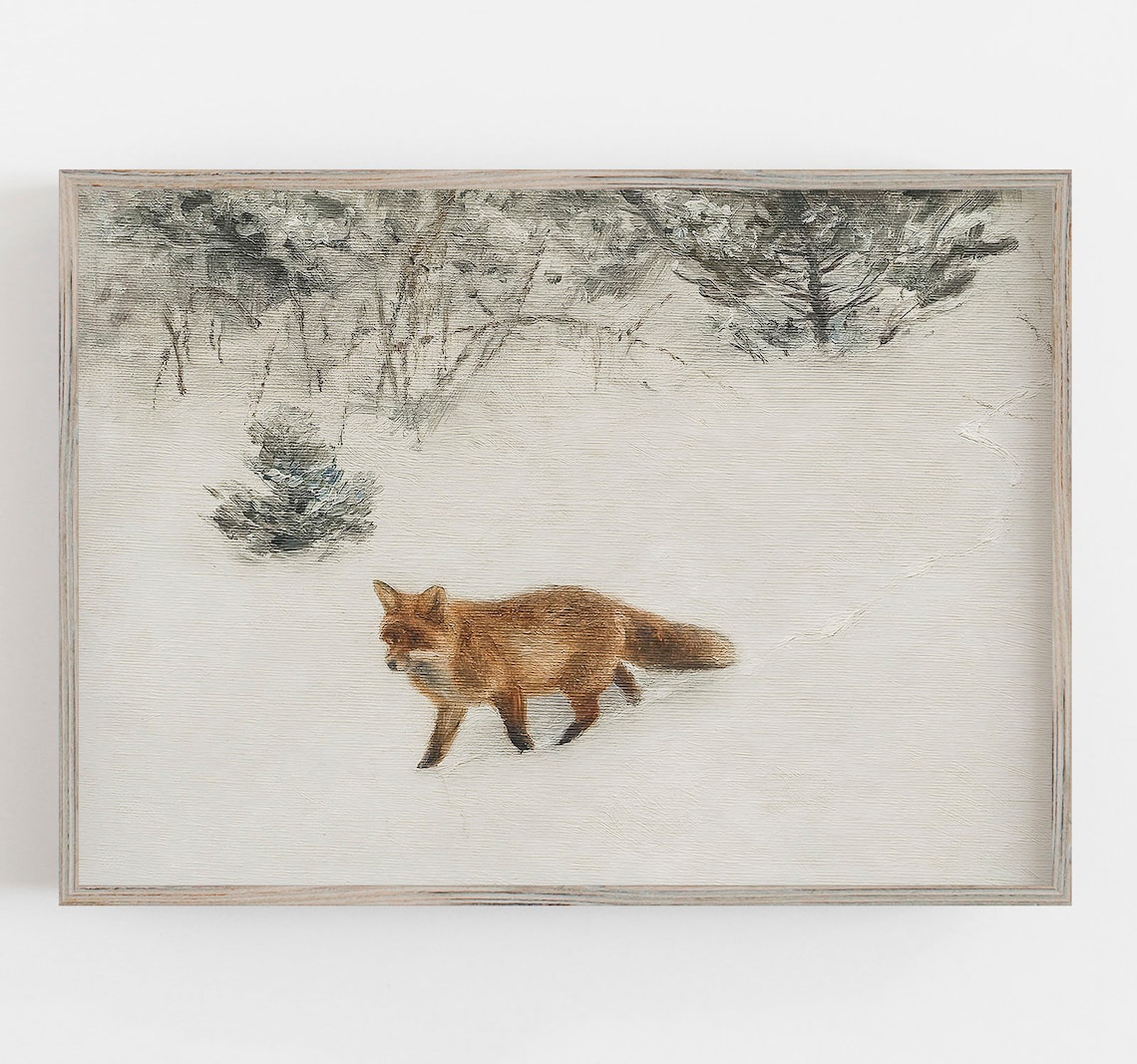 Fox In Snow Vintage Winter Animal Poster Print