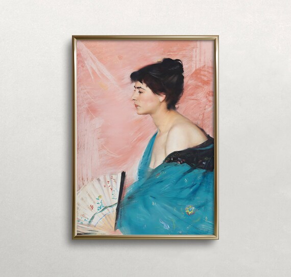 Elegant Woman With Fan Blue Shawl Pink Vintage Portrait Painting Poster