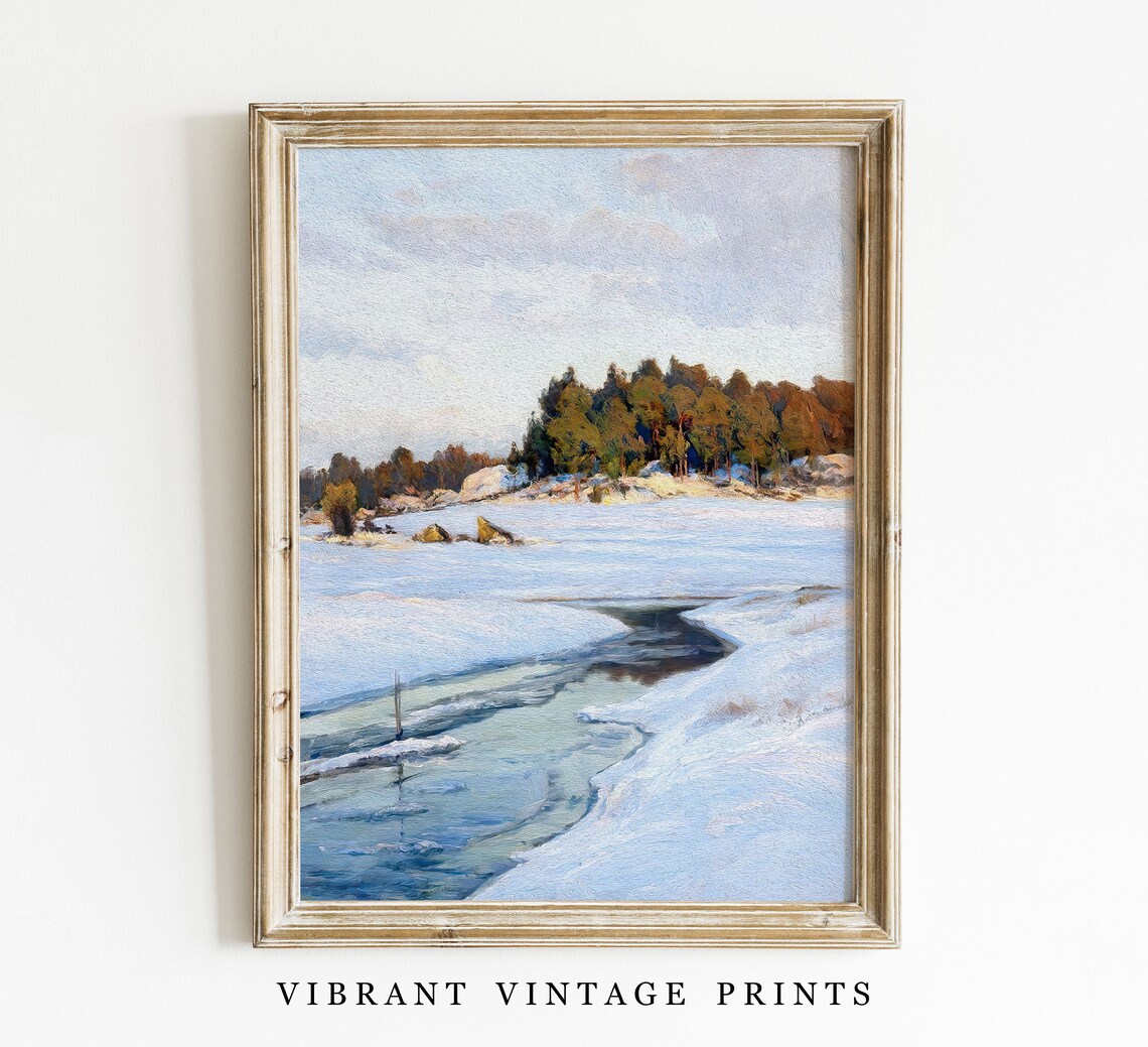 Winter Stream Melting Snow Rocky Island Pines Vintage Wall Art - Image 3
