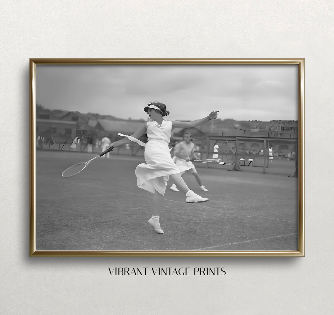 Vintage Black And White Photo Woman Playing Tennis In White Poster