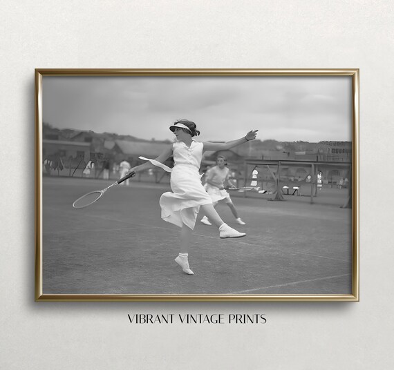 Vintage Black And White Photo Woman Playing Tennis In White Poster
