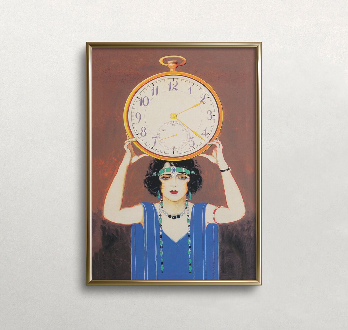 Flapper Girl Holding Giant Pocket Watch 1920s Blue Dress Vintage Print