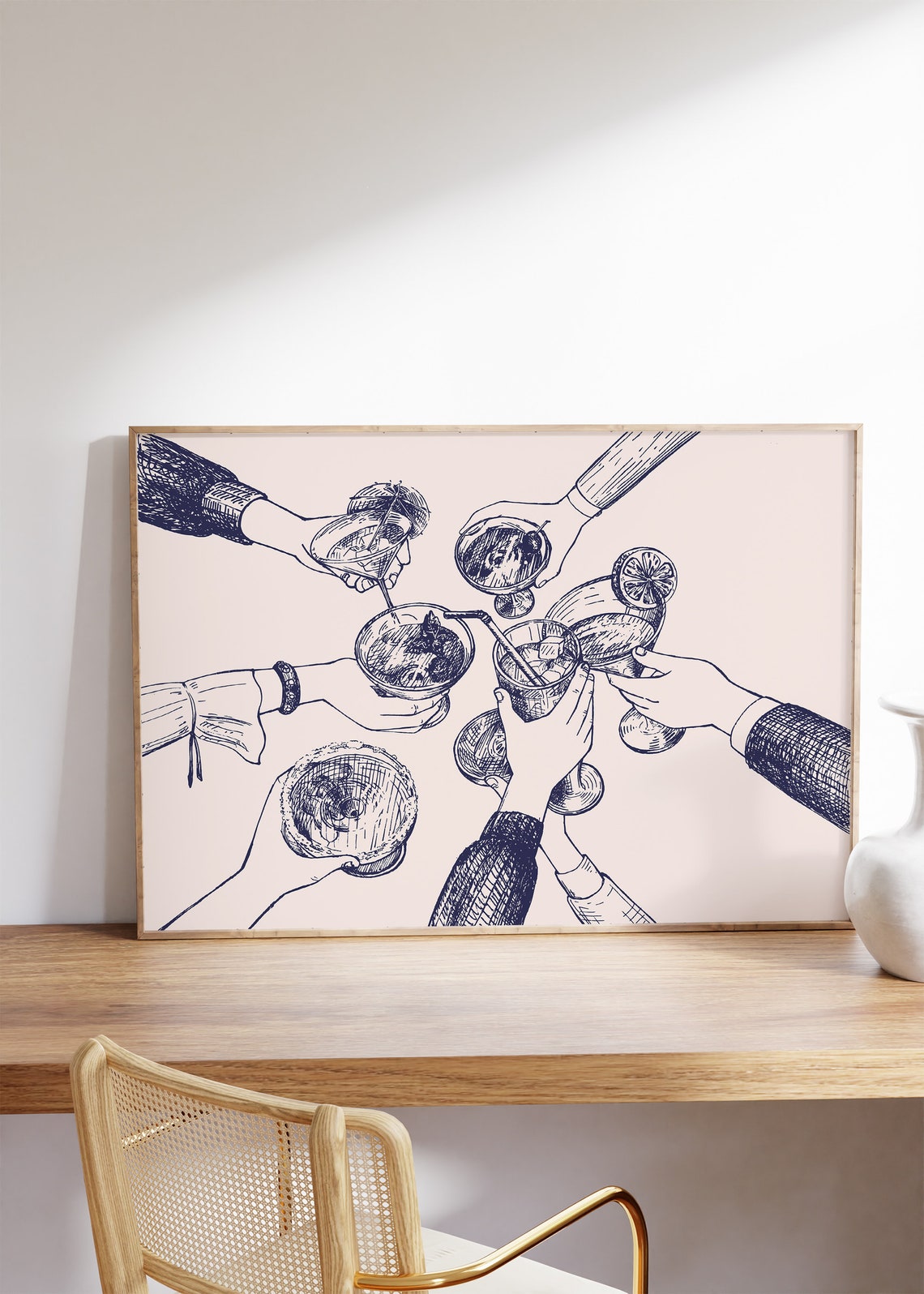 Cheers Cocktail Toast Navy Line Art Happy Hour Kitchen Bar Poster - Image 2