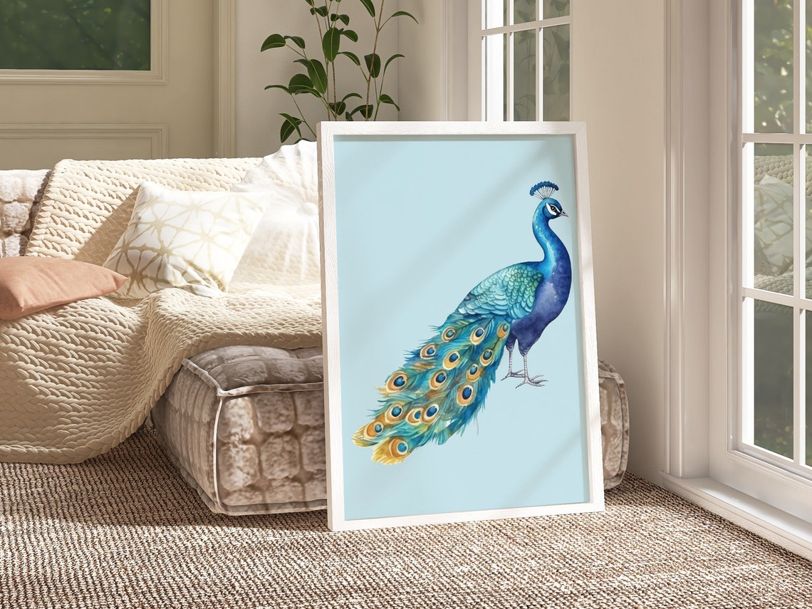 Blue Peacock Watercolor Bird Illustration Boho Home Poster Decor - Image 2