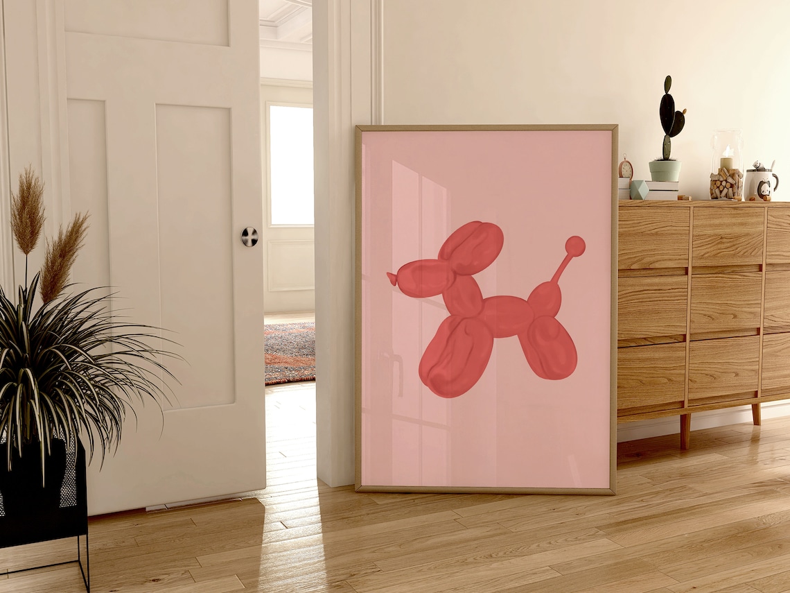 Red Balloon Dog Art Print, Preppy Bedroom Decor